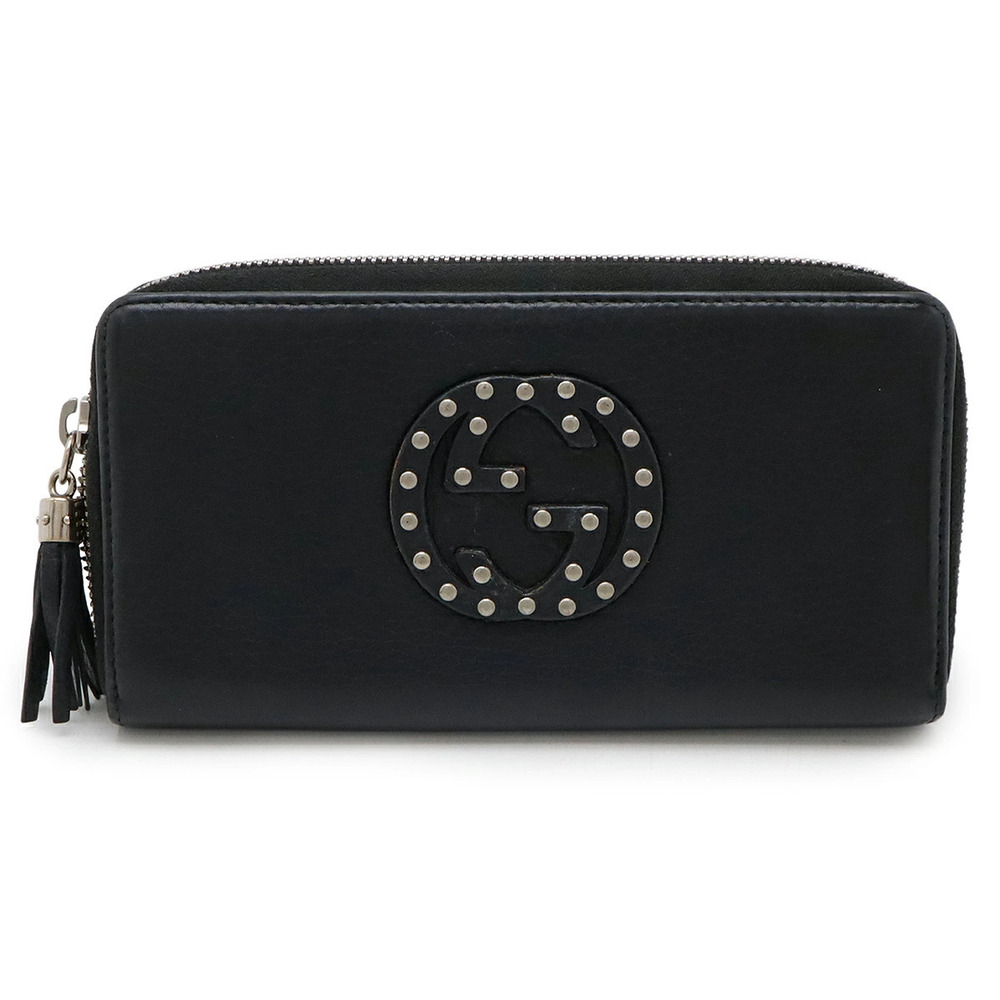 Gucci Soho Interlocking G Studded Round Zipper Long Wallet Fringe Leather Black